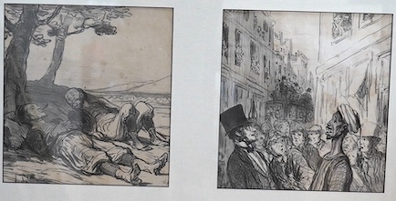 Honore Daumier (French, 1808-1879), two lithographs, mounted and framed as one, to include ‘Au Camp De Sant-Maur’, each 23 x 21cm. Condition - poor